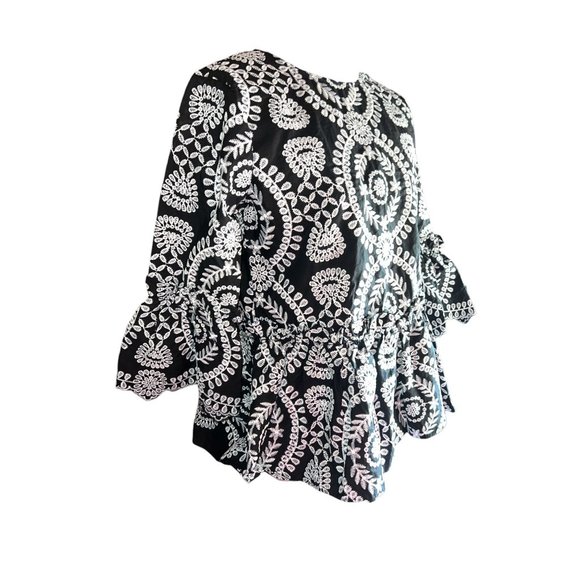 ASOS Black White Floral Embroidered Peplum Blouse With Ruffles. Women Size 0 - Picture 2 of 11